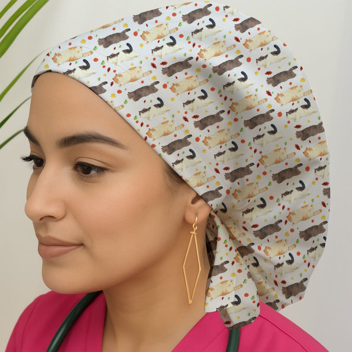 Chubby Cat Autumn Leaves Scrub Cap