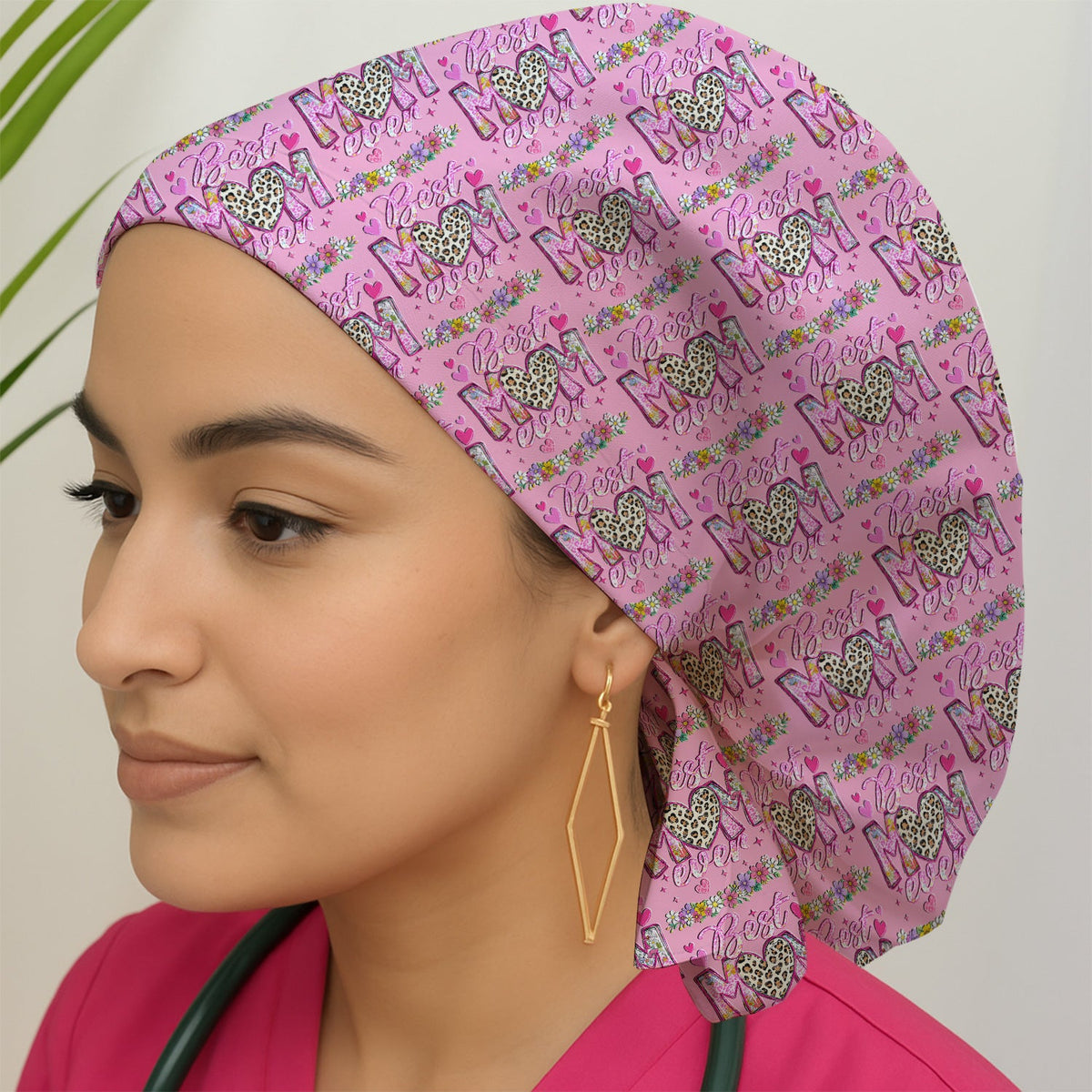 Best Mom Ever Leopard Heart Scrub Cap