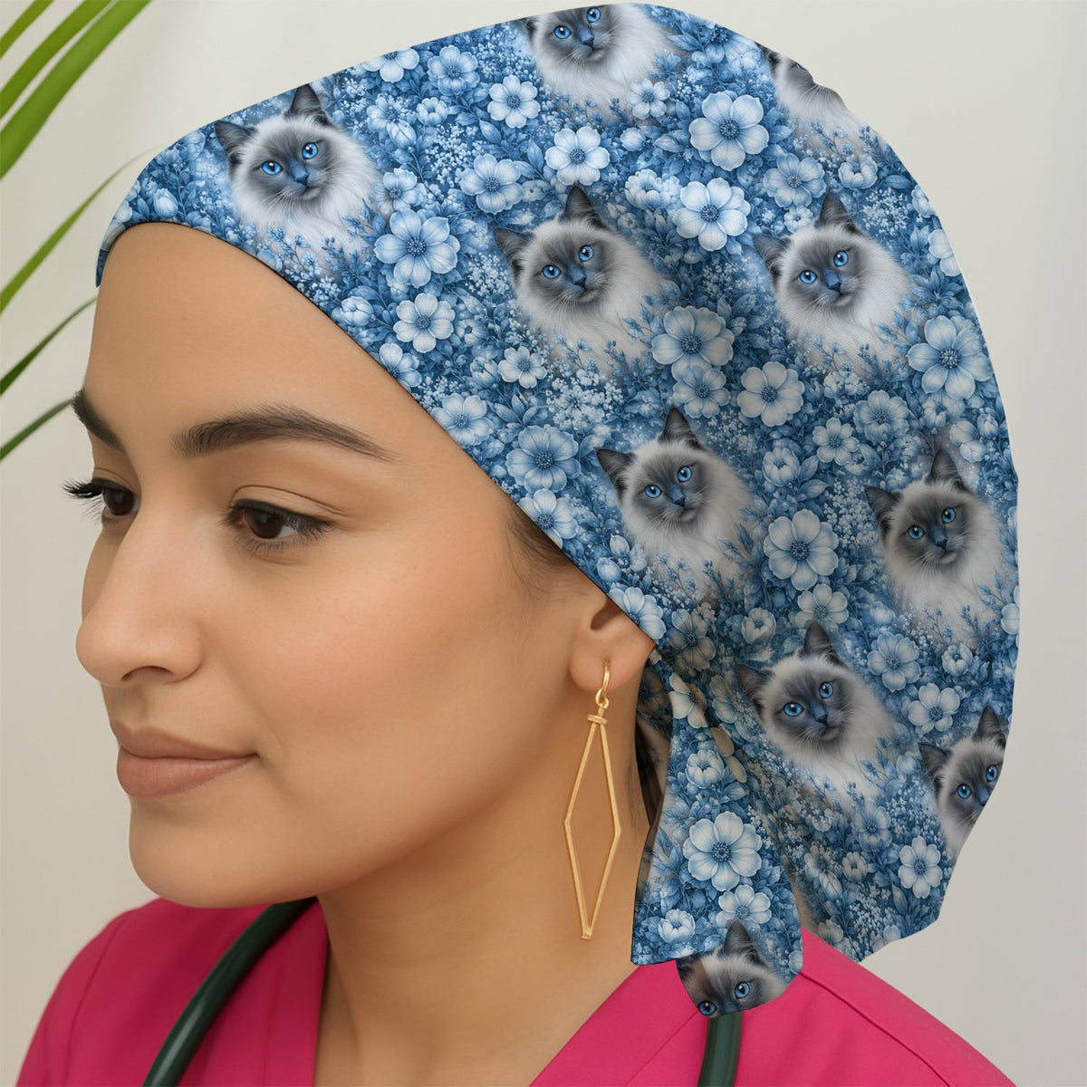 Blue Floral Ragdoll Cat Scrub Cap