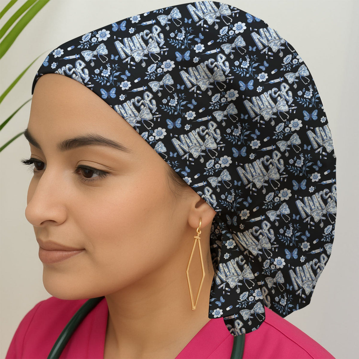 Blue Nurse Bow Butterfly Floral Scrub Cap