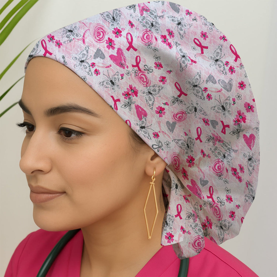 Breast Cancer Awareness Butterfly Floral Scrub Cap