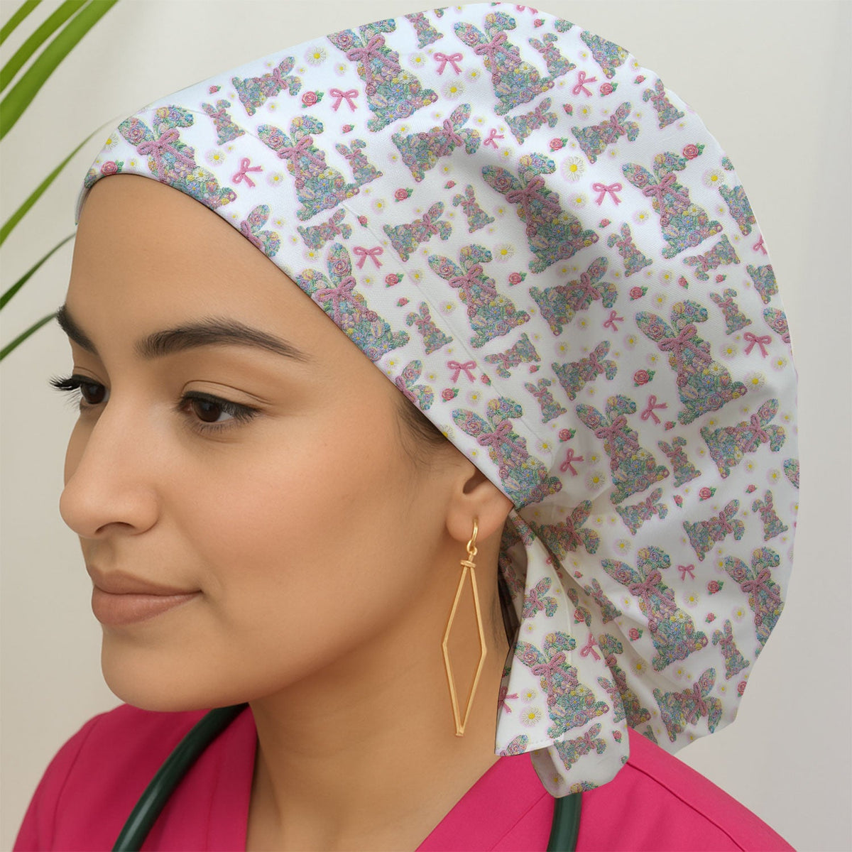 Colorful Floral Bunny Pink Bow Scrub Cap
