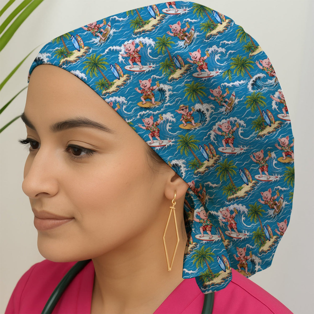 Tropical Surfing Pig Island Scrub Cap