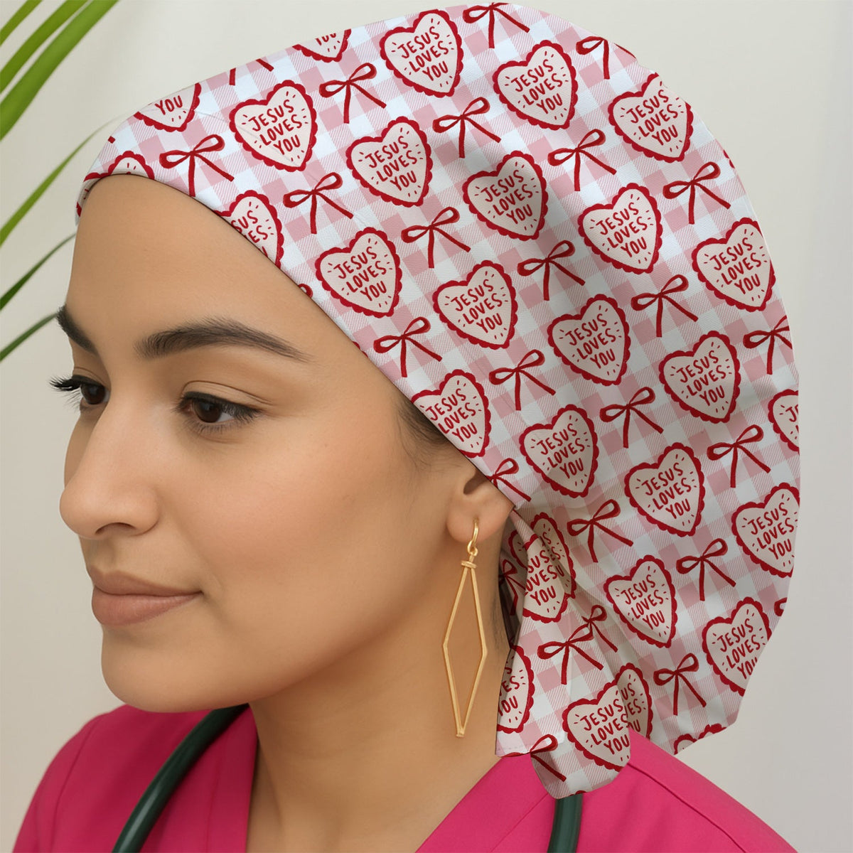 Jesus Loves You Heart Plaid Scrub Cap