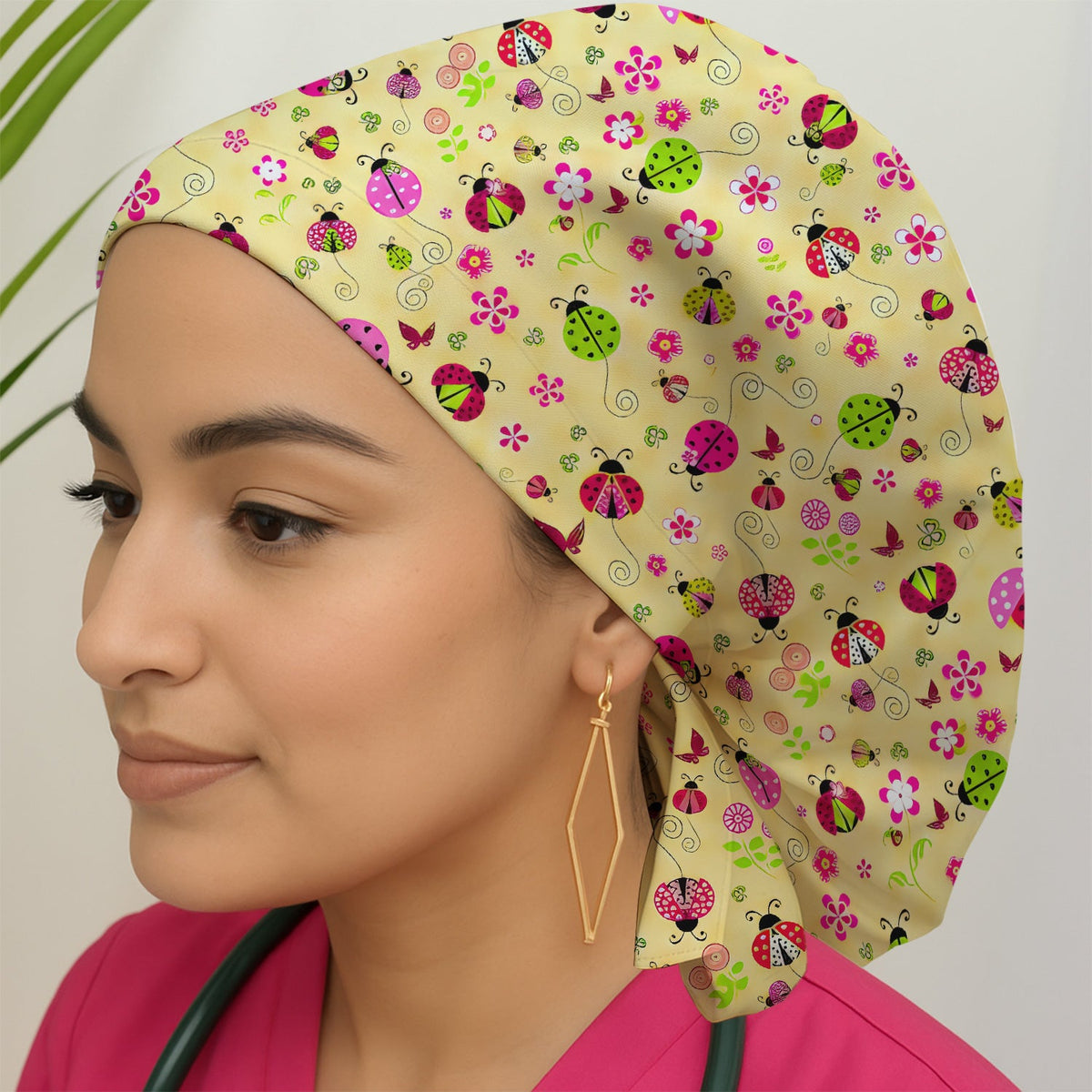 Yellow Ladybug Floral Garden Scrub Cap