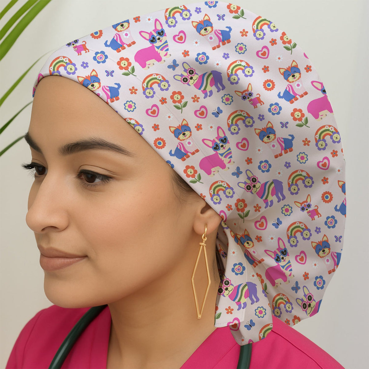 Colorful Cartoon Dogs Rainbow Flowers Scrub Cap