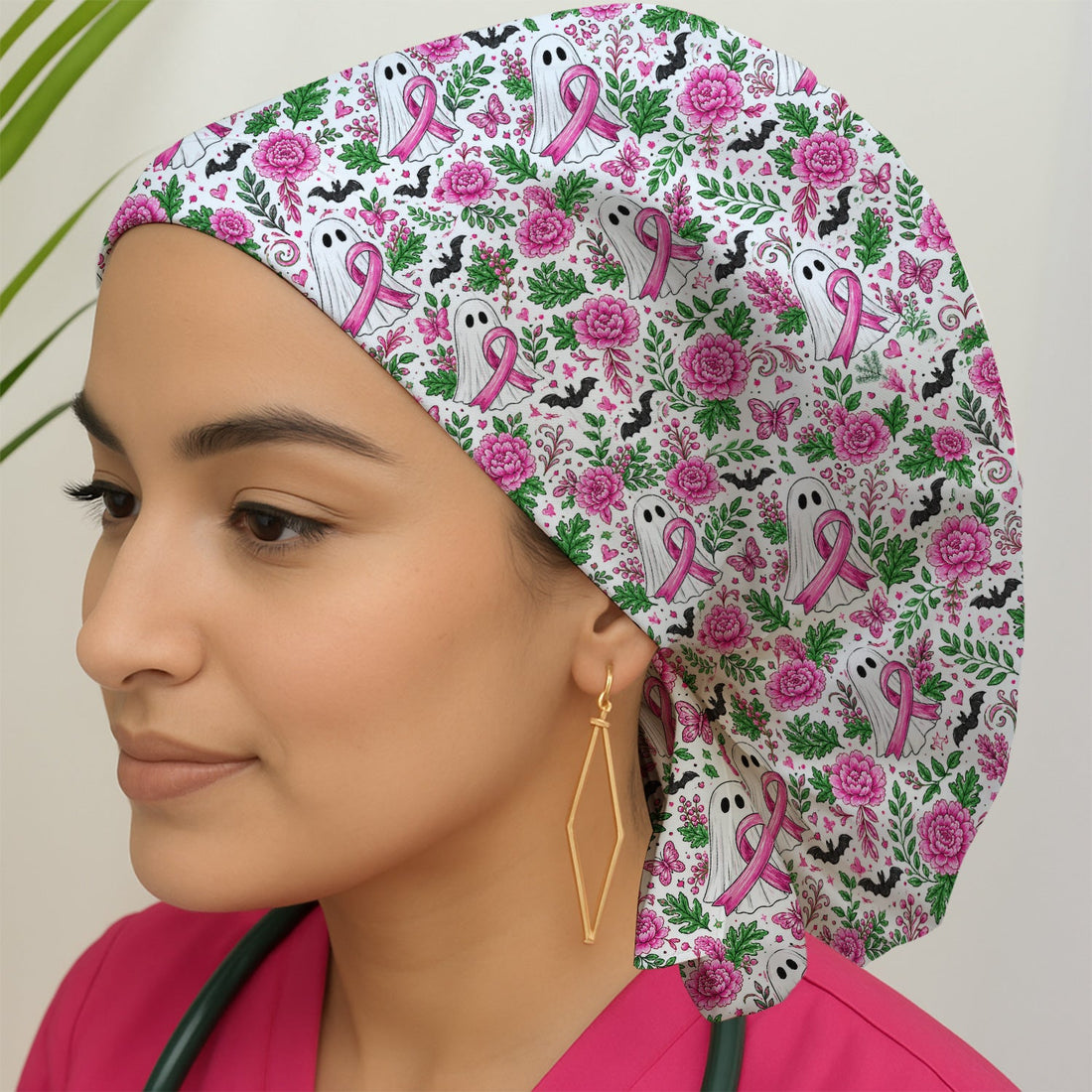 Breast Cancer Awareness Floral Ghost Scrub Cap