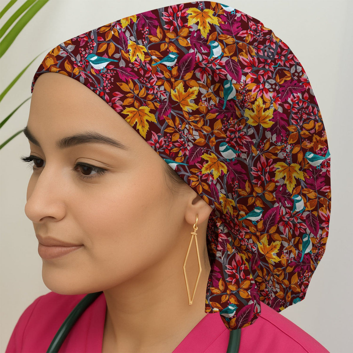 Autumn Leaves Blue Bird Scrub Cap
