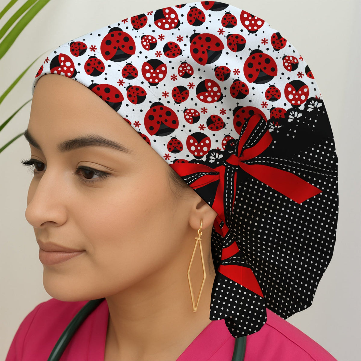 Ladybug Red Ribbon Polka Scrub Cap