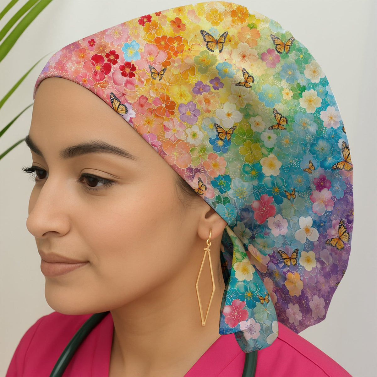 Rainbow Butterfly Floral Blossom Scrub Cap