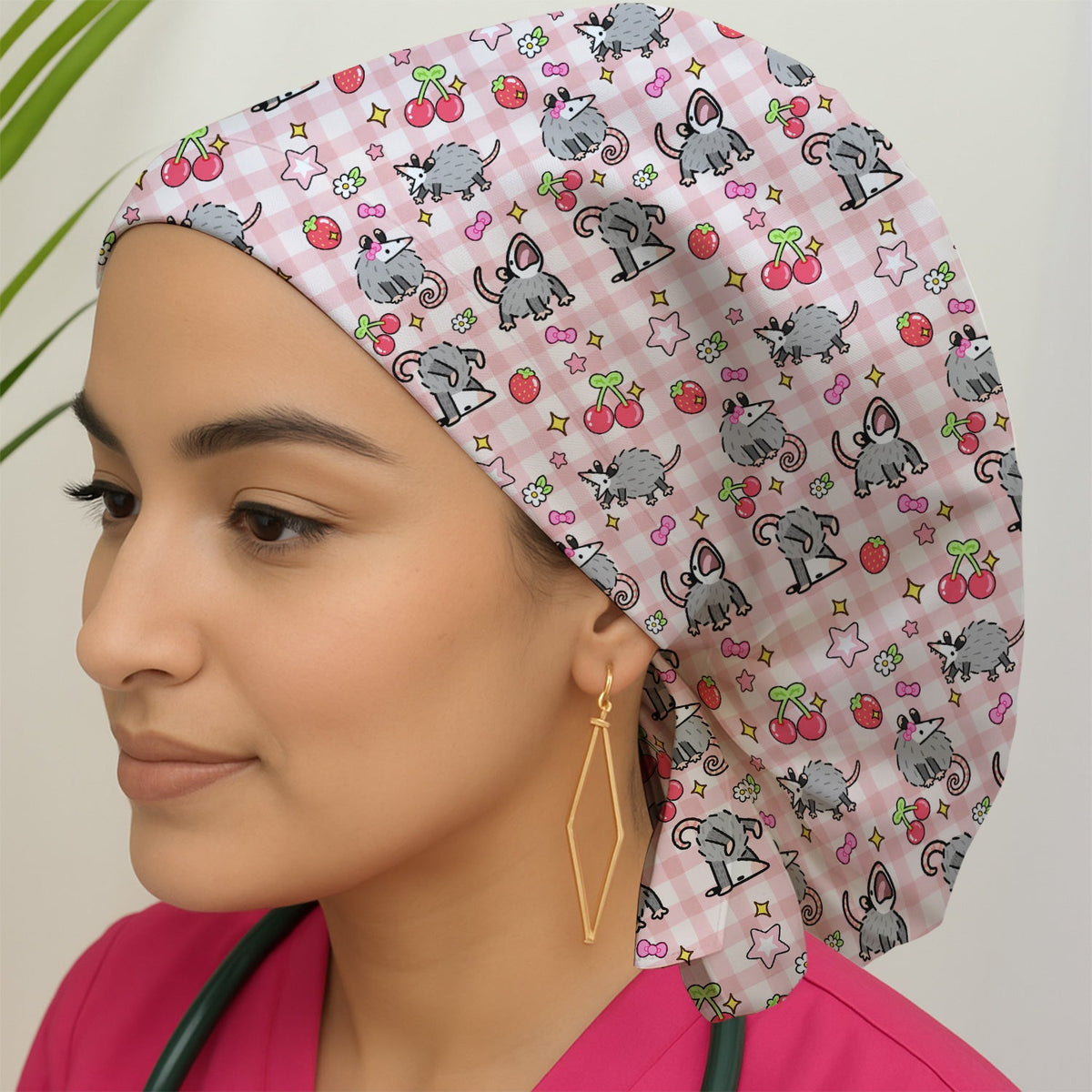 Opossum And Cherries Gingham Scrub Cap