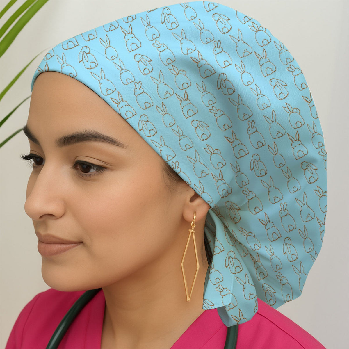 Cartoon Bunny Line Art Scrub Cap