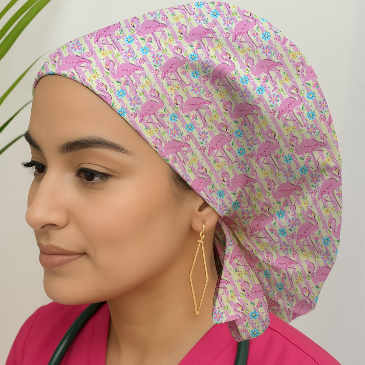 Pink Flamingo Flower Stripe Scrub Cap