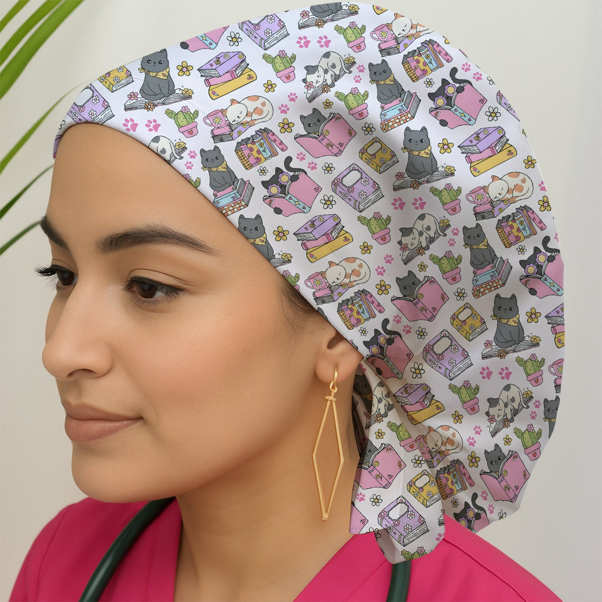 Cat Book Cactus Scrub Cap