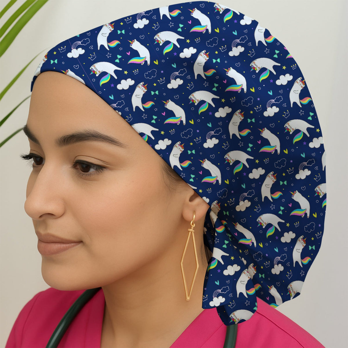 Unicorn Cat Rainbow Tail Clouds Scrub Cap