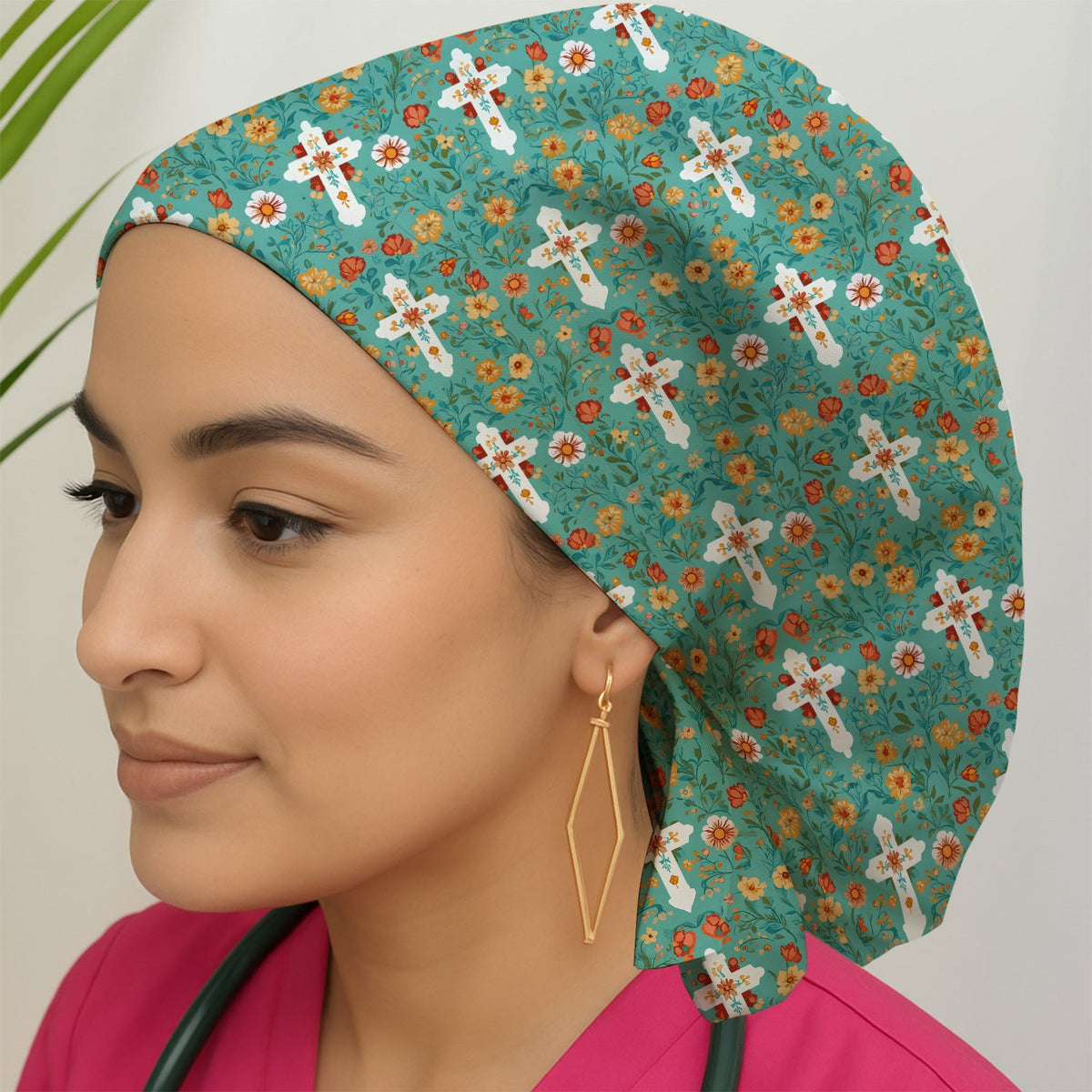 Christian Faith Floral Cross Scrub Cap