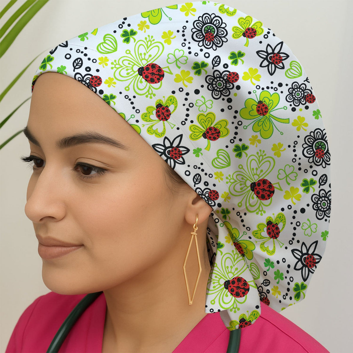 Ladybug Clover Floral Scrub Cap