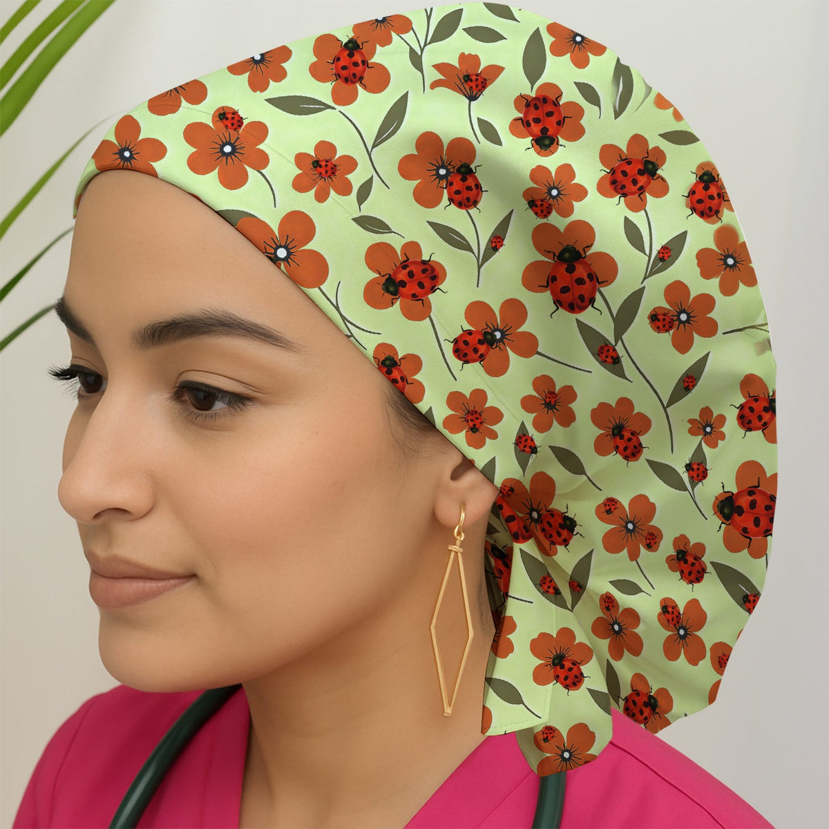 Ladybug Orange Floral Garden Scrub Cap