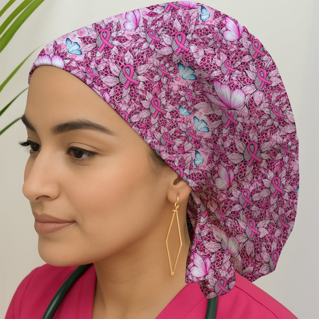 Pink Ribbon Butterfly Breast Cancer Scrub Cap