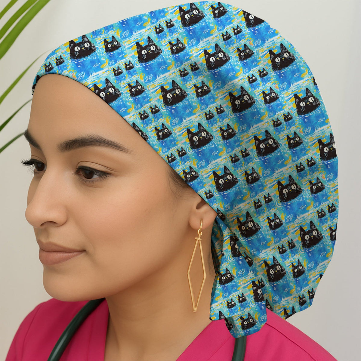 Black Cat Swimming In Blue Water Scrub Cap