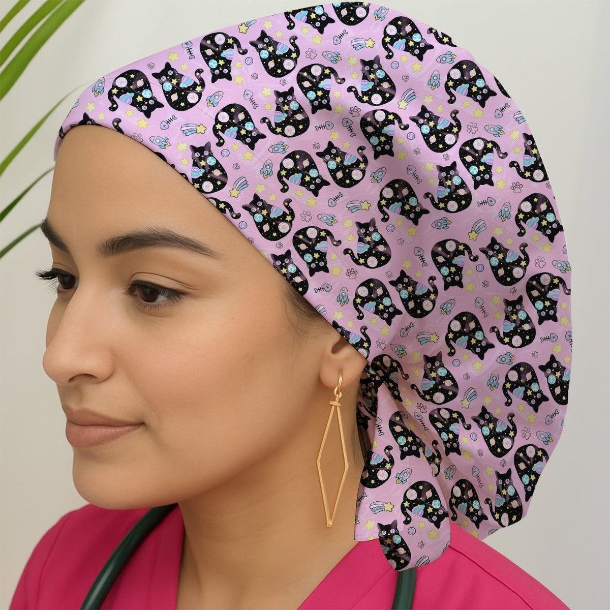 Galaxy Black Cat Space Scrub Cap