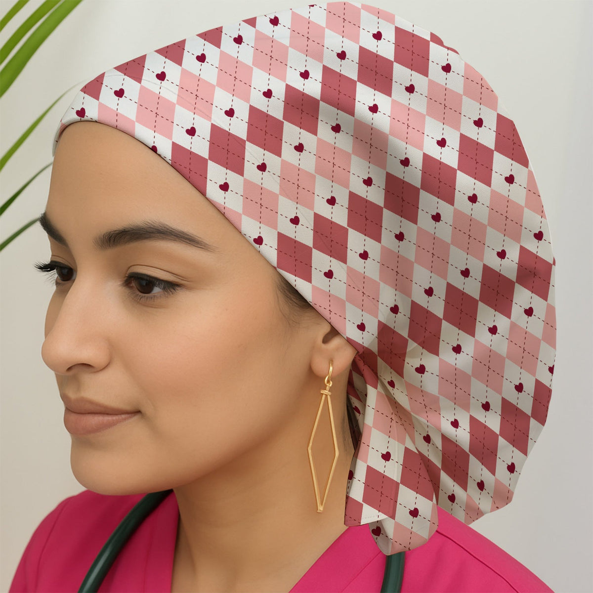 Red Argyle Plaid Scrub Cap