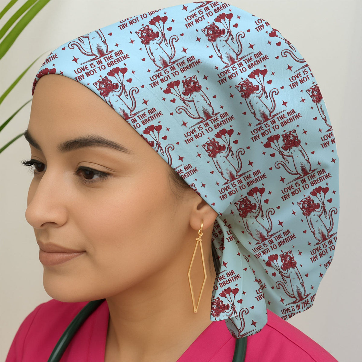 Gas Mask Cat Heart Balloon Scrub Cap - Valentines Day Gift For Nurse