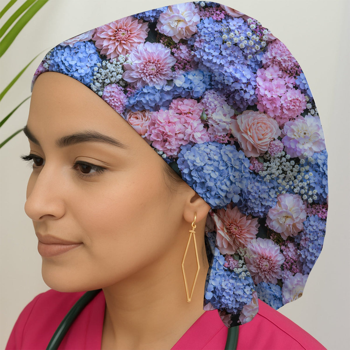 Pastel Hydrangea Rose Blossom Scrub Cap