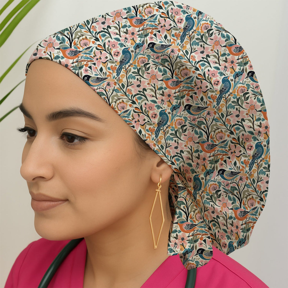 Folk Art Songbird Floral Scrub Cap