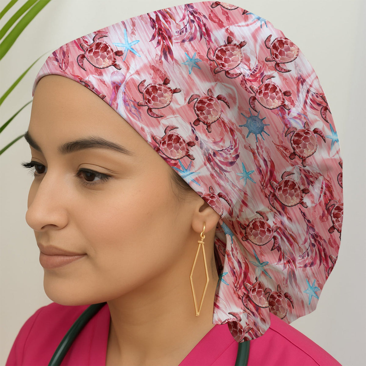 Pink Sea Turtle Ocean Scrub Cap