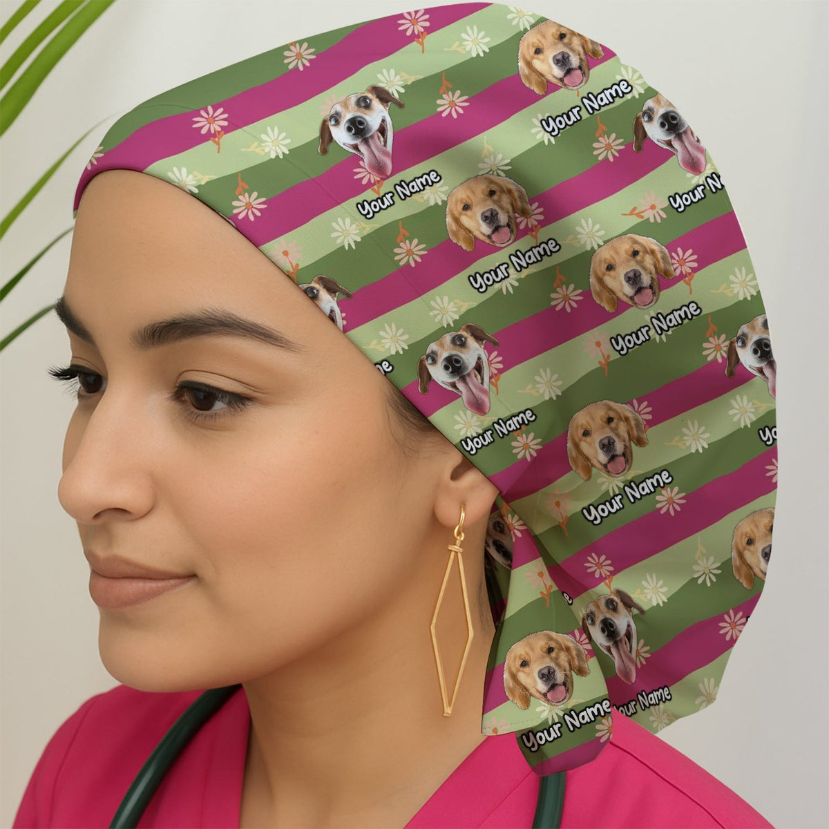 Personalized Dog Photo Spring Stripes Scrub Cap