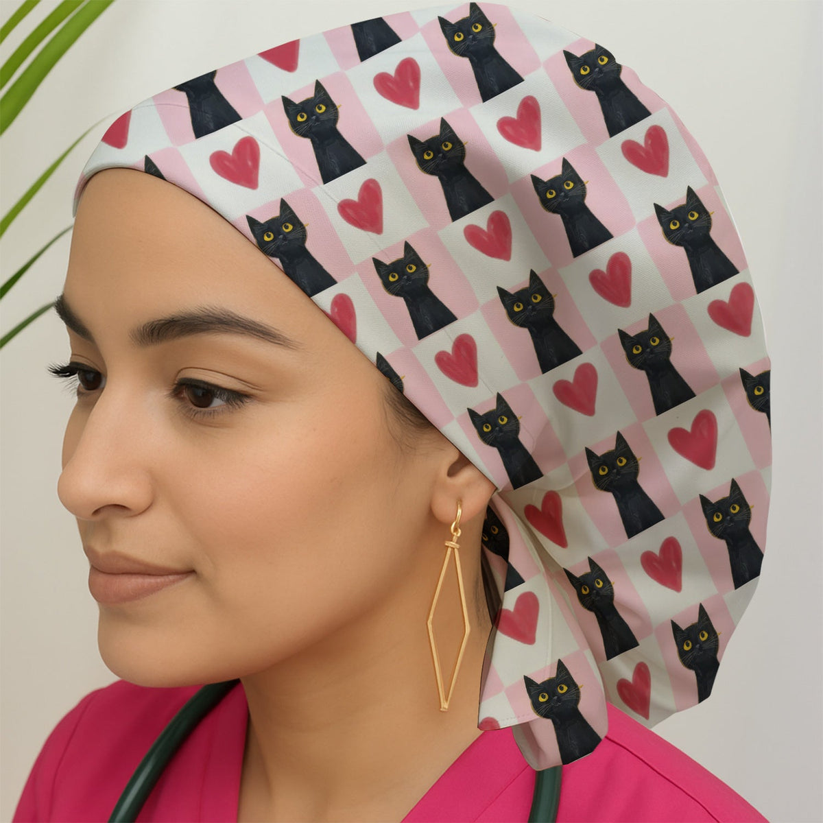 Cute Black Cat Heart Scrub Cap