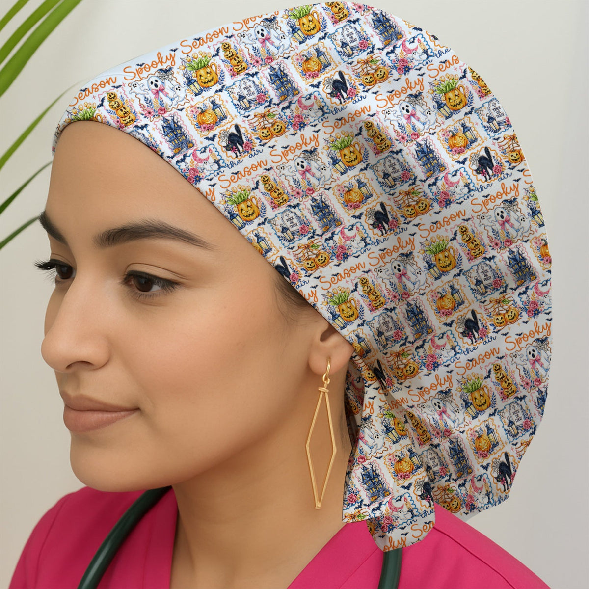 Spooky Pumpkin Ghost Pattern Scrub Cap