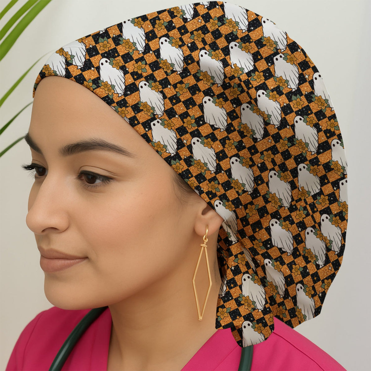 Spooky Ghost Checkerboard Scrub Cap