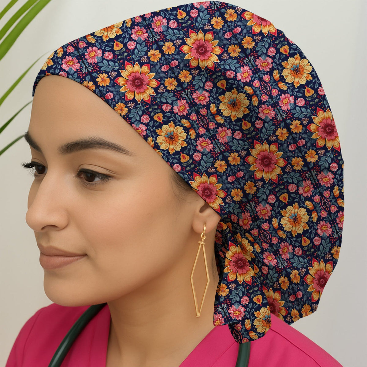 Elegant Dark Floral Scrub Cap