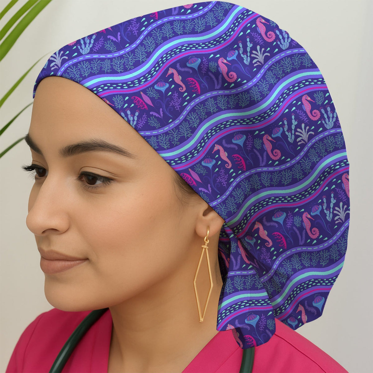 Purple Seahorse Ocean Pattern Scrub Cap