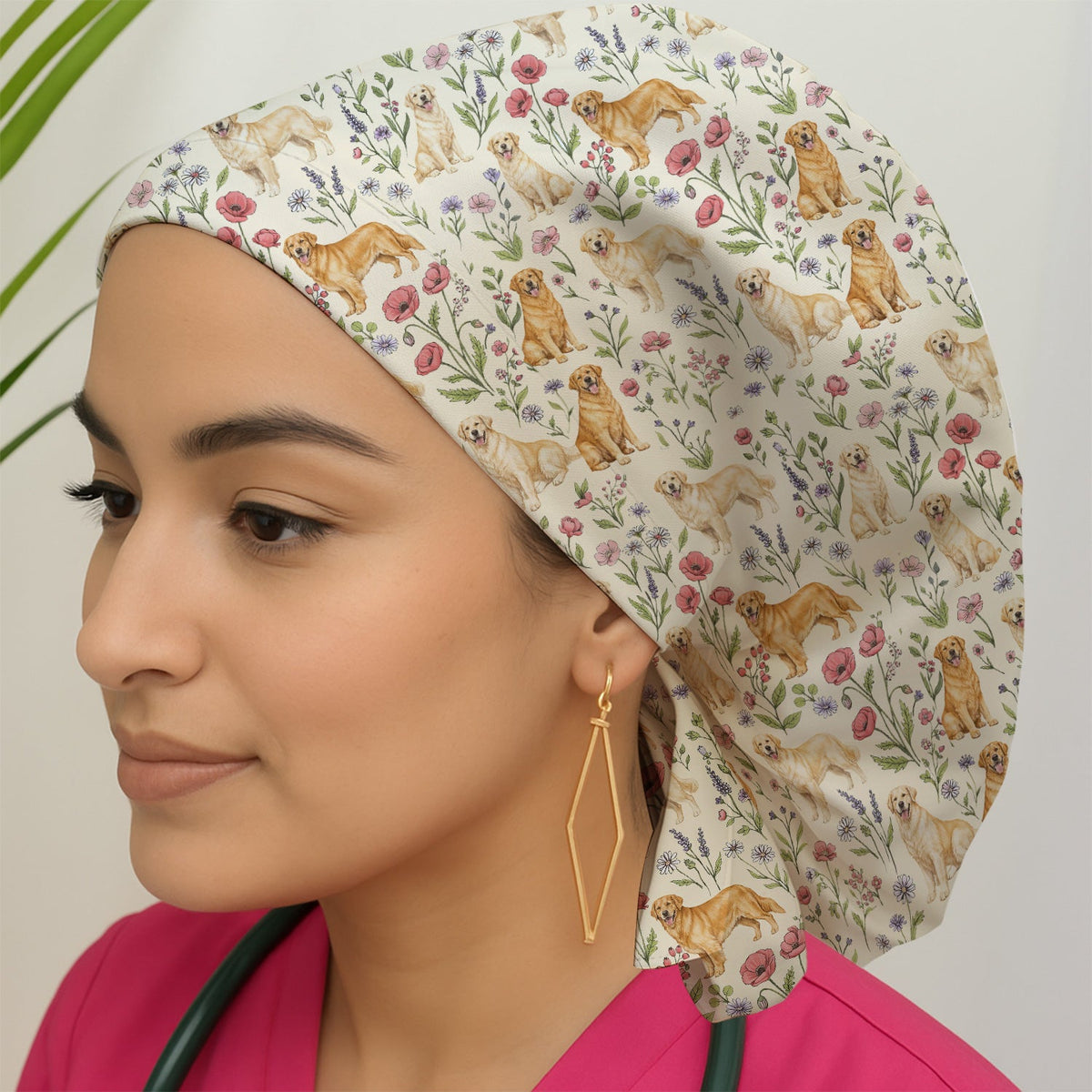 Golden Retriever Floral Scrub Cap