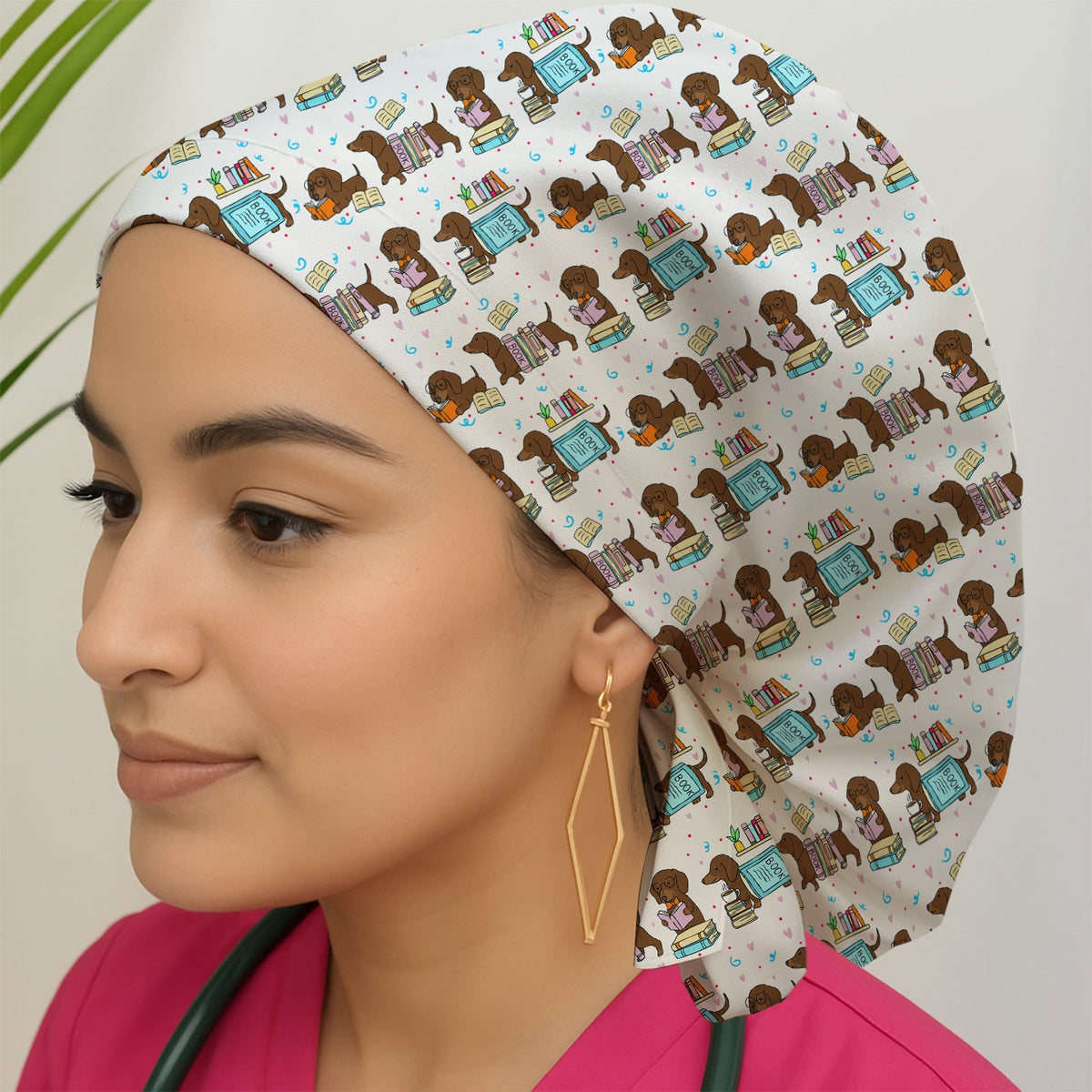 Cute Bookish Dachshund Reading Scrub Cap