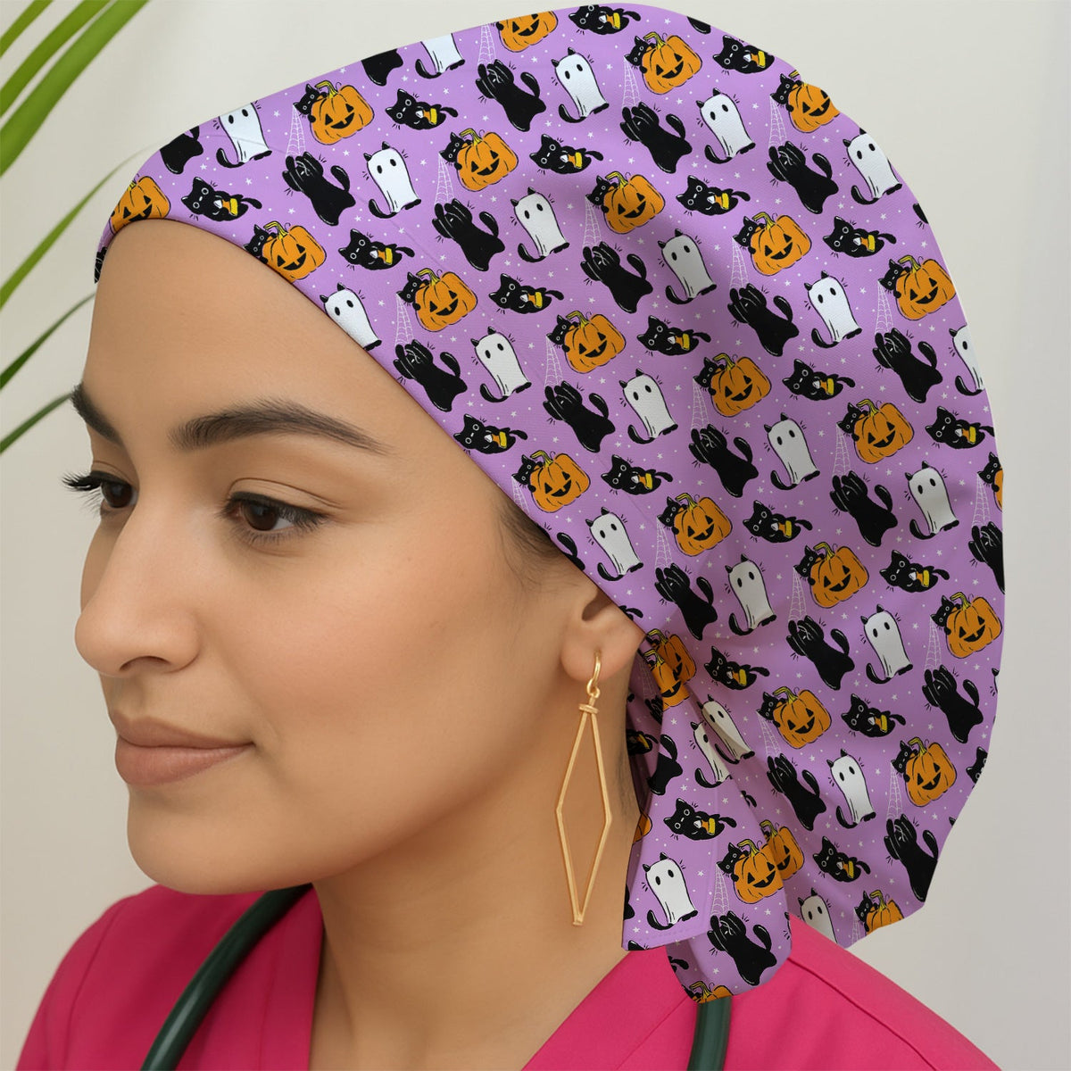 Purple Halloween Black Cat Scrub Cap
