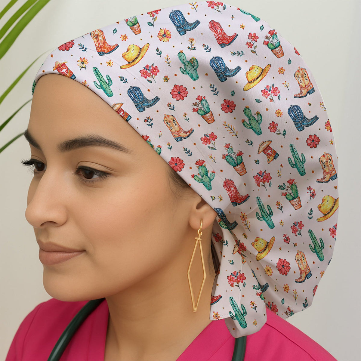 Whimsical Western Cactus Boots Scrub Cap