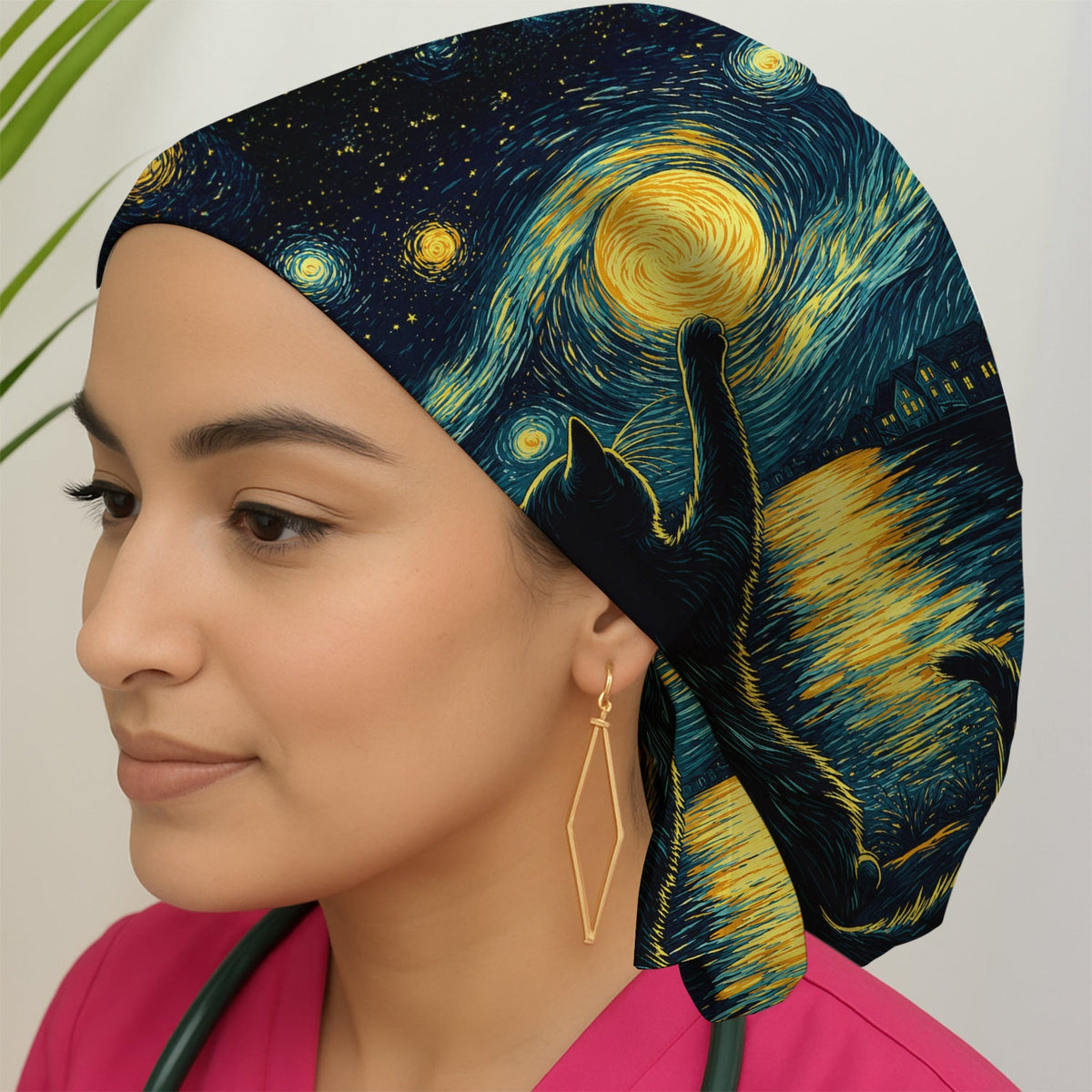 Starry Moonlit Black Cat Scrub Cap