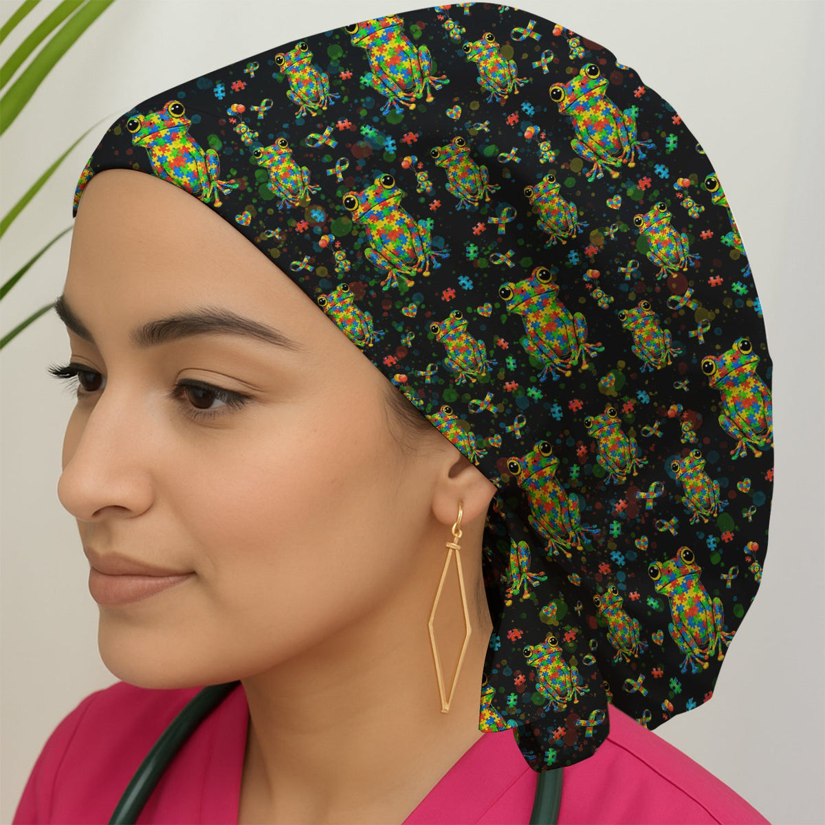 Colorful Autism Puzzle Frog Scrub Cap