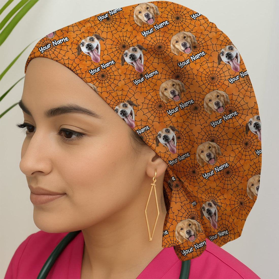 Personalized Halloween Dog Photo Spiderweb Scrub Cap
