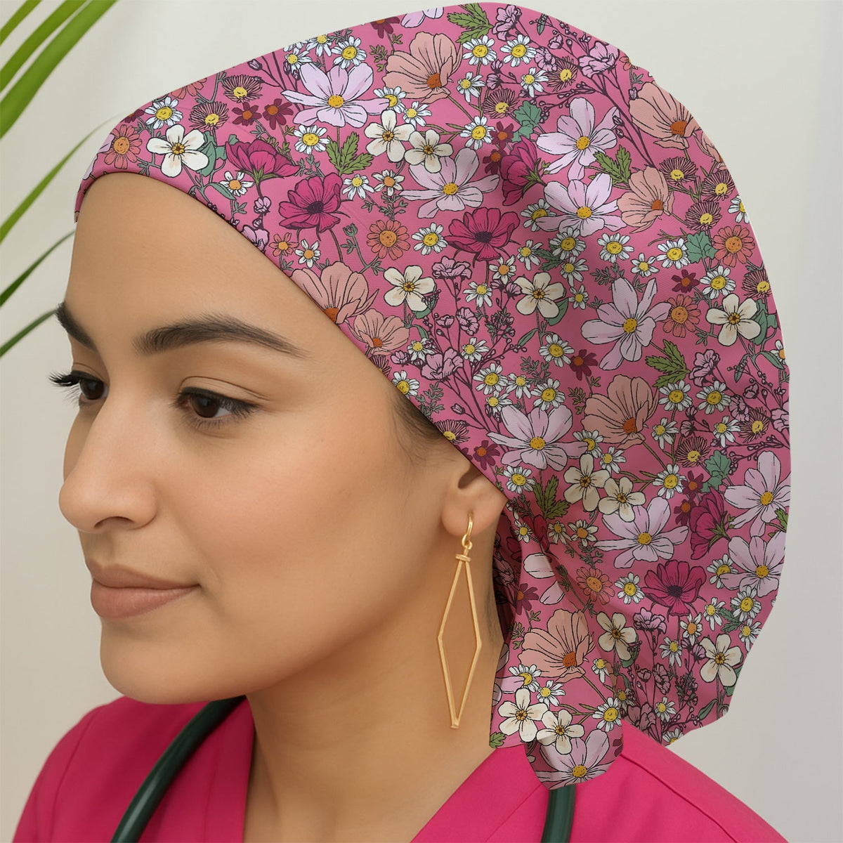 Pink Daisy Wildflower Scrub Cap