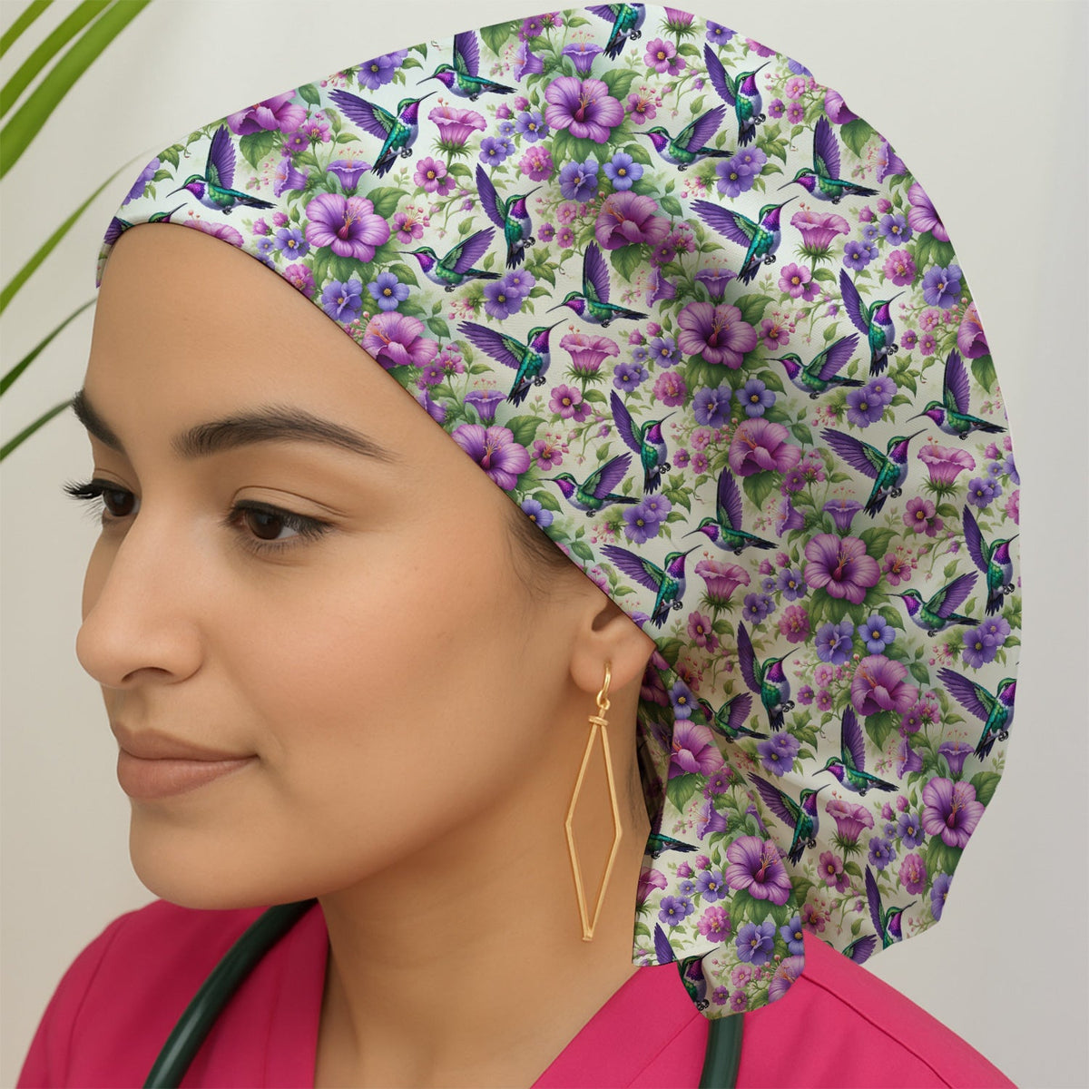 Purple Hummingbird Hibiscus Floral Scrub Cap