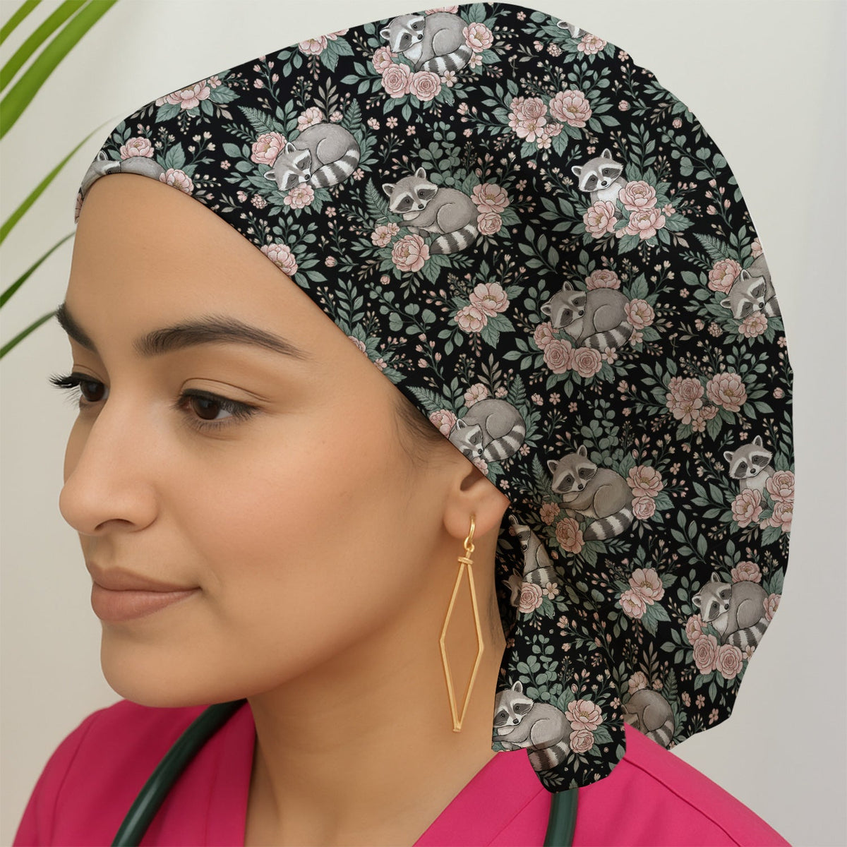 Sleeping Raccoon Rose Garden Scrub Cap