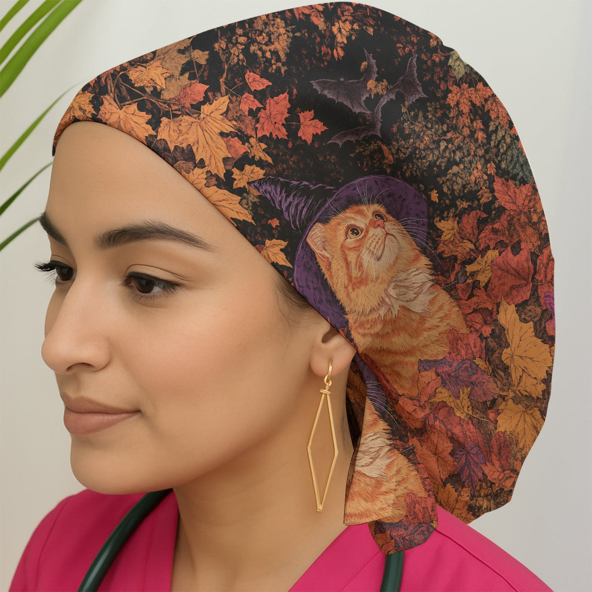 Autumn Cat Fall Leaves Scrub Cap
