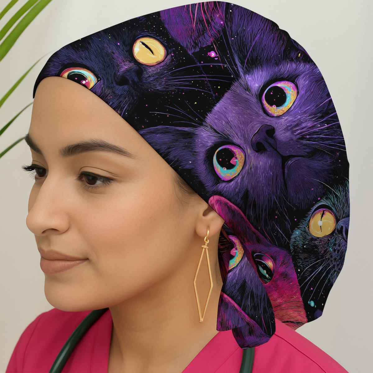 Colorful Neon Cat Faces Scrub Cap