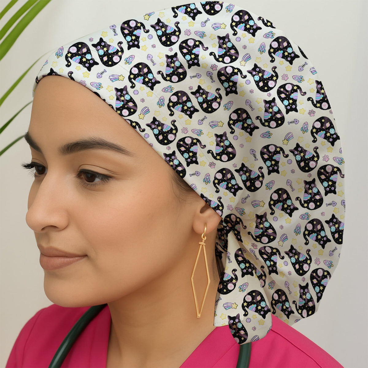 Galaxy Black Cat Space Scrub Cap