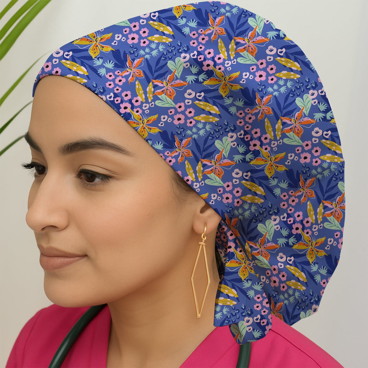 Blue Lily Floral Garden Nurse Scrub Cap